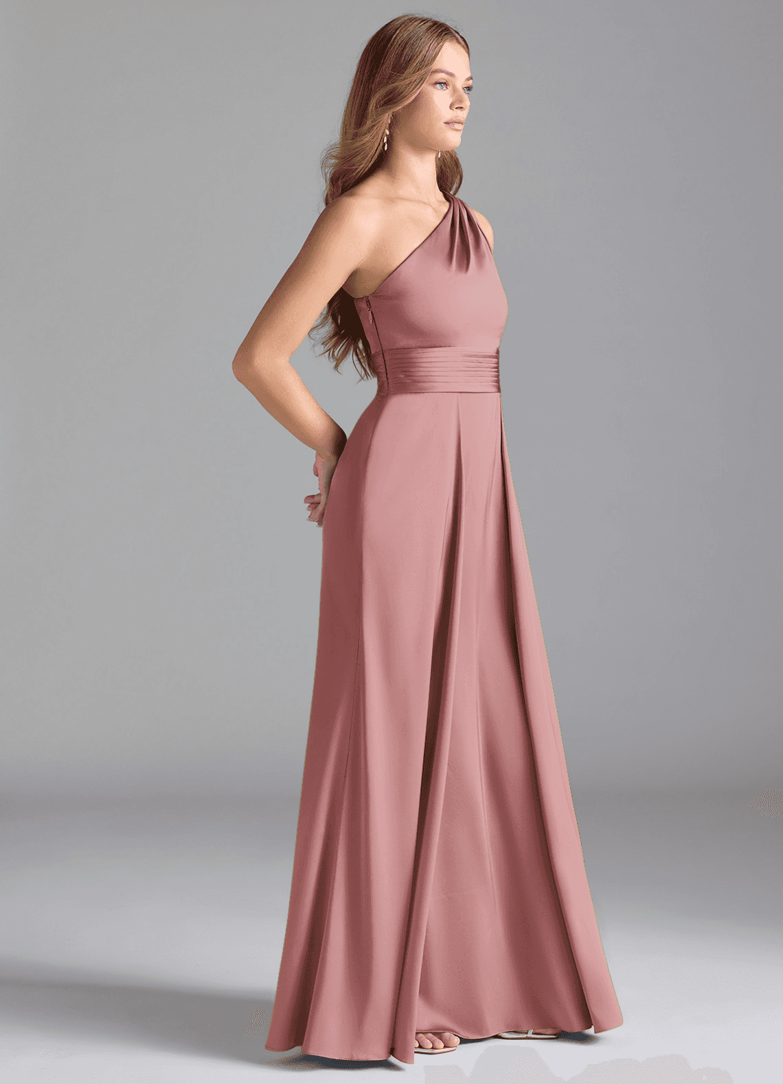 Azazie Dallas Vestidos de damas de honor Vestido de Rosa Polvorienta de Satén Elástico de Corte en A con Hombro unilateral image3