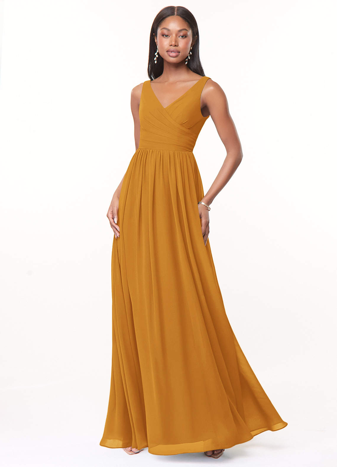 Azazie Keyla Bridesmaid Dresses Butterscotch A-Line V-Neck Pleated Chiffon Dress image1