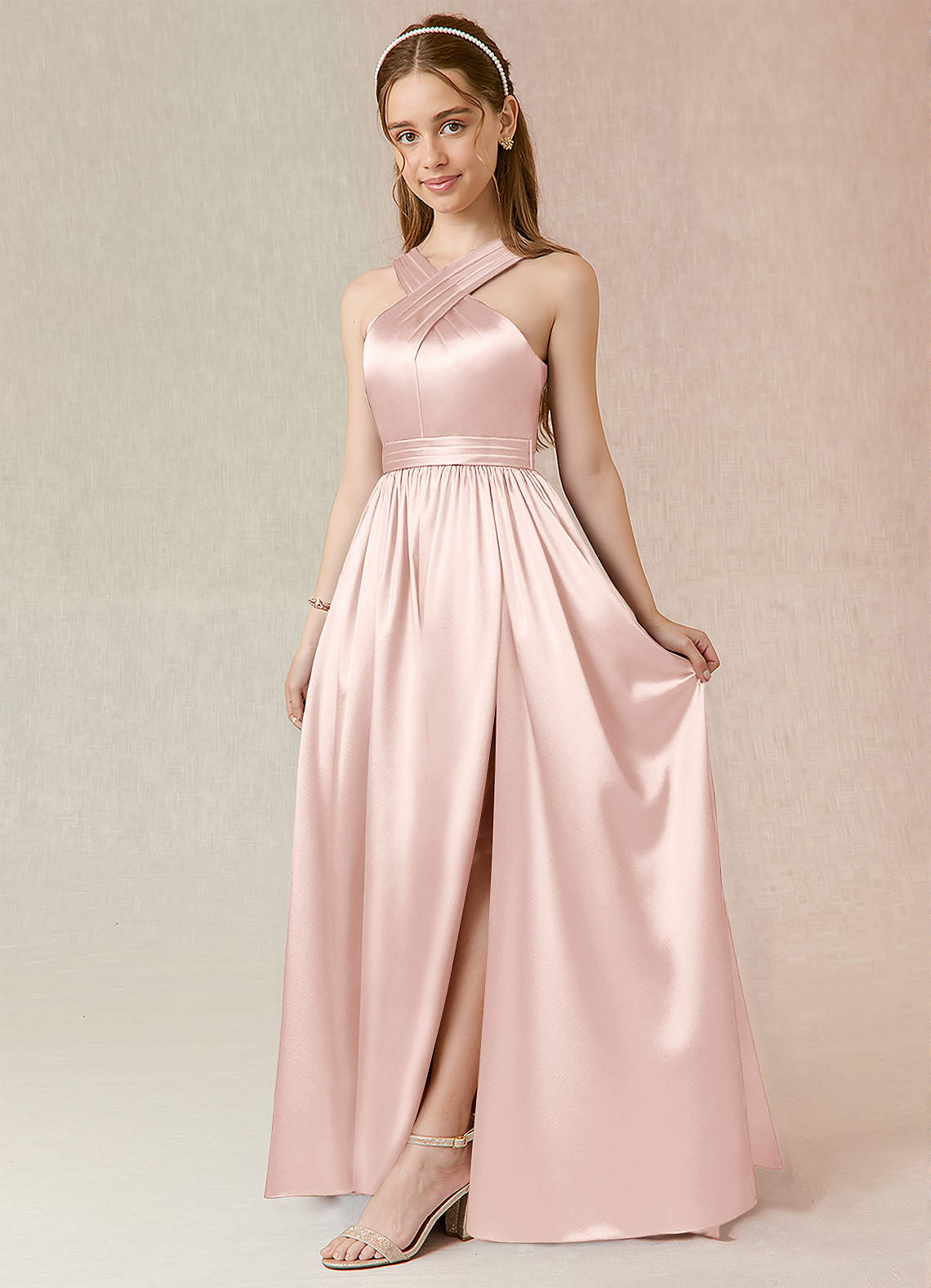 Azazie Jiya Junior Blushing Pink A-Line Pleated Metallic Satin Dress image1