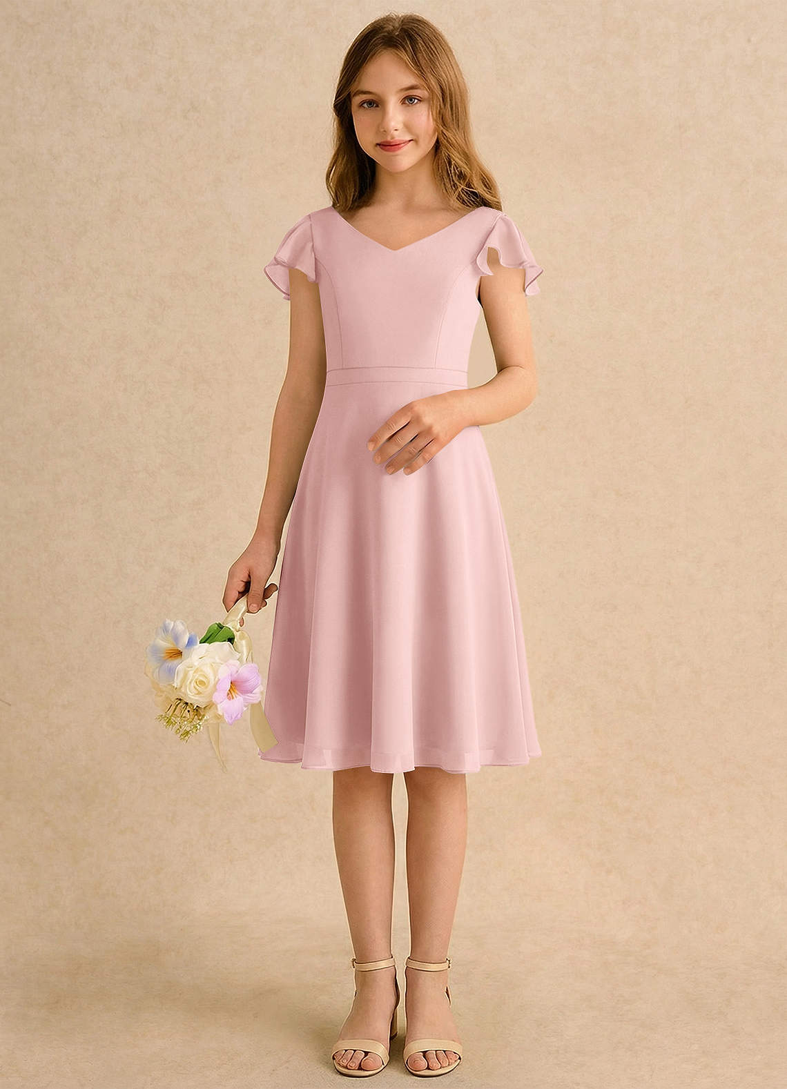 Azazie Narin Girls Formal Flower Girl Klänningar Klänning A-Line i Chiffong med ärmar image2