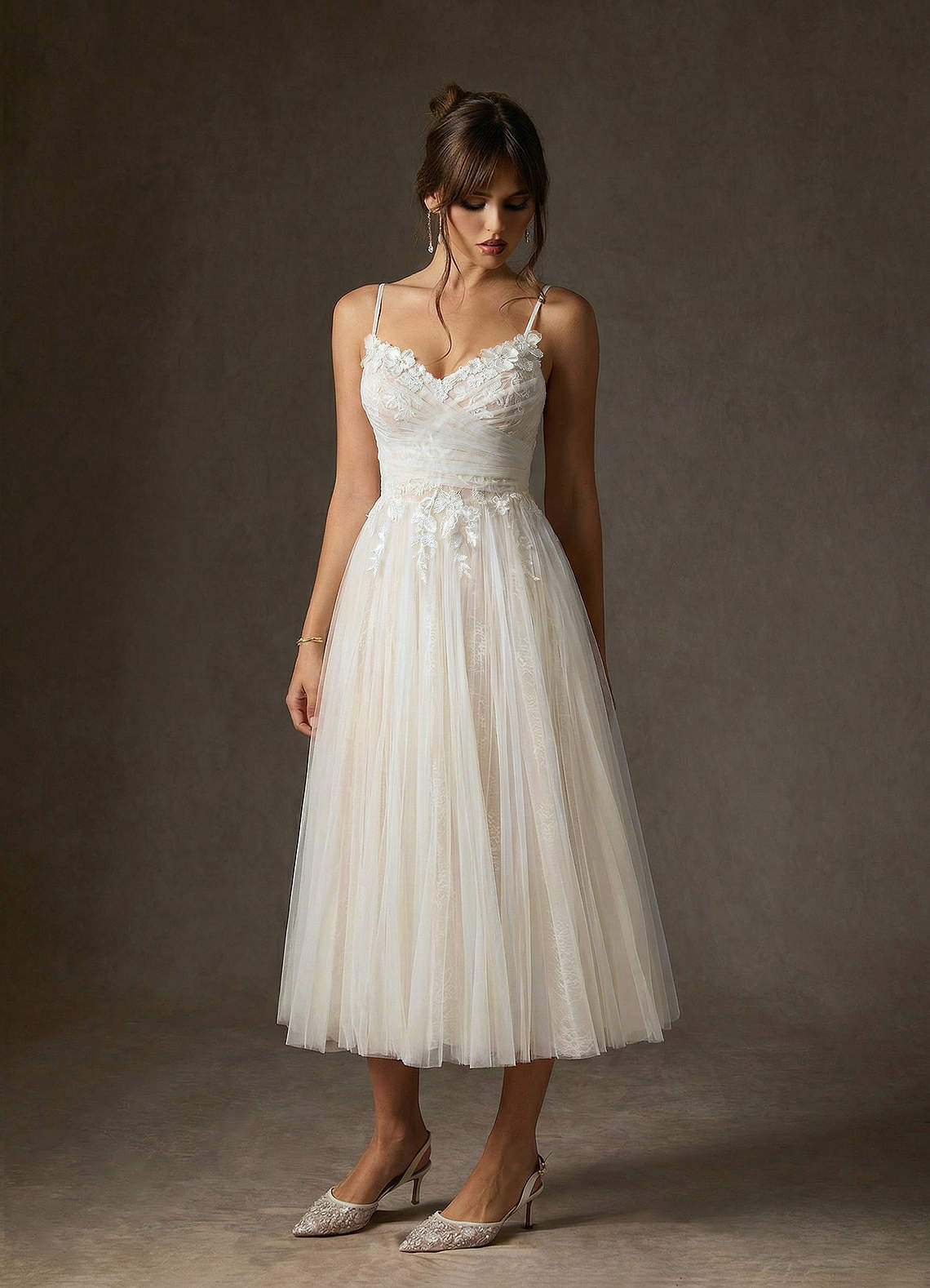 Azazie Zenia Abiti da Sposa Abito A-Line in Tulle Bianco Diamante Champagne image3