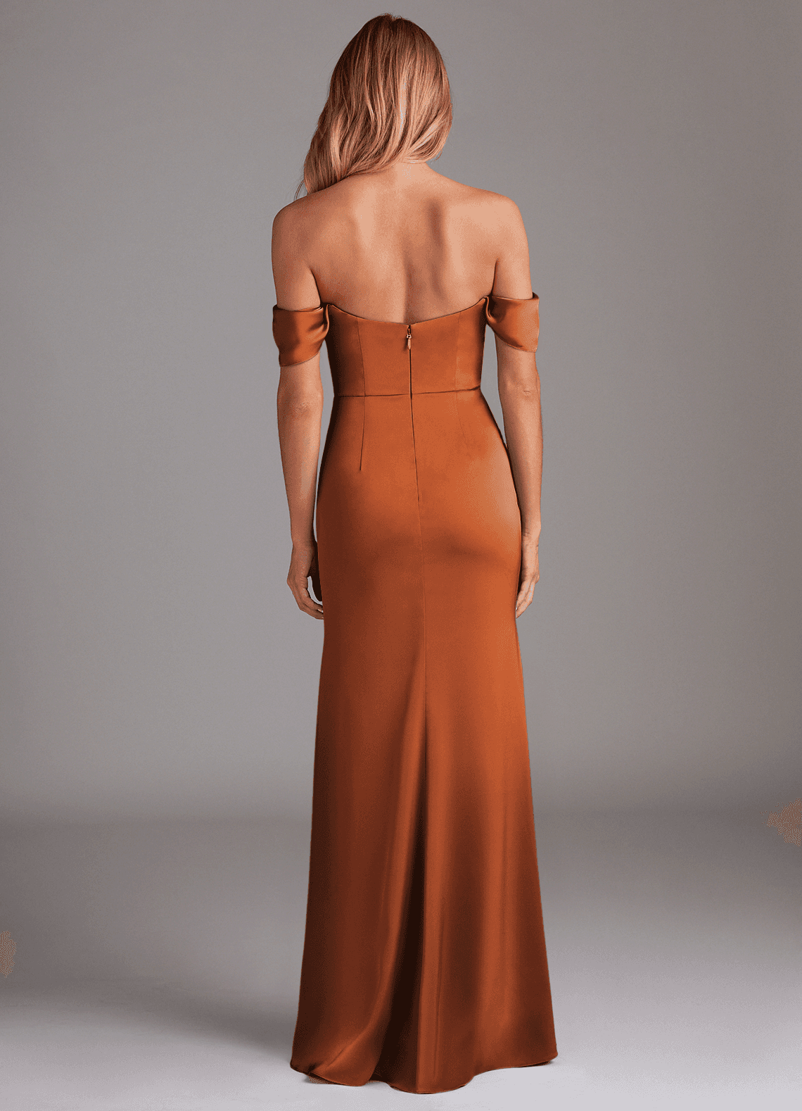 Azazie Saige Bridesmaid Dresses Cinnamon Sheath Off the Shoulder Stretch Satin Dress image9