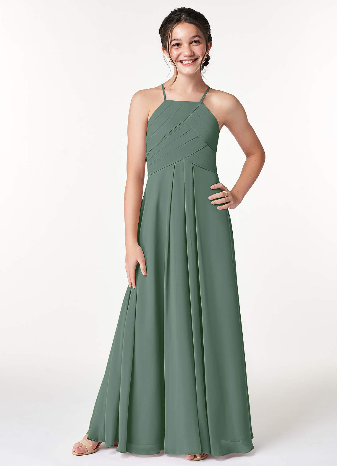 Azazie Ginger Junior Eucalyptus A-Line Pleated Chiffon Dress image1