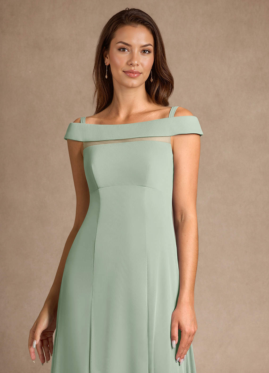 Azazie Ewa Mother of the Bride Dresses Dusty Sage A-Line Off the Shoulder Mesh Dress image8
