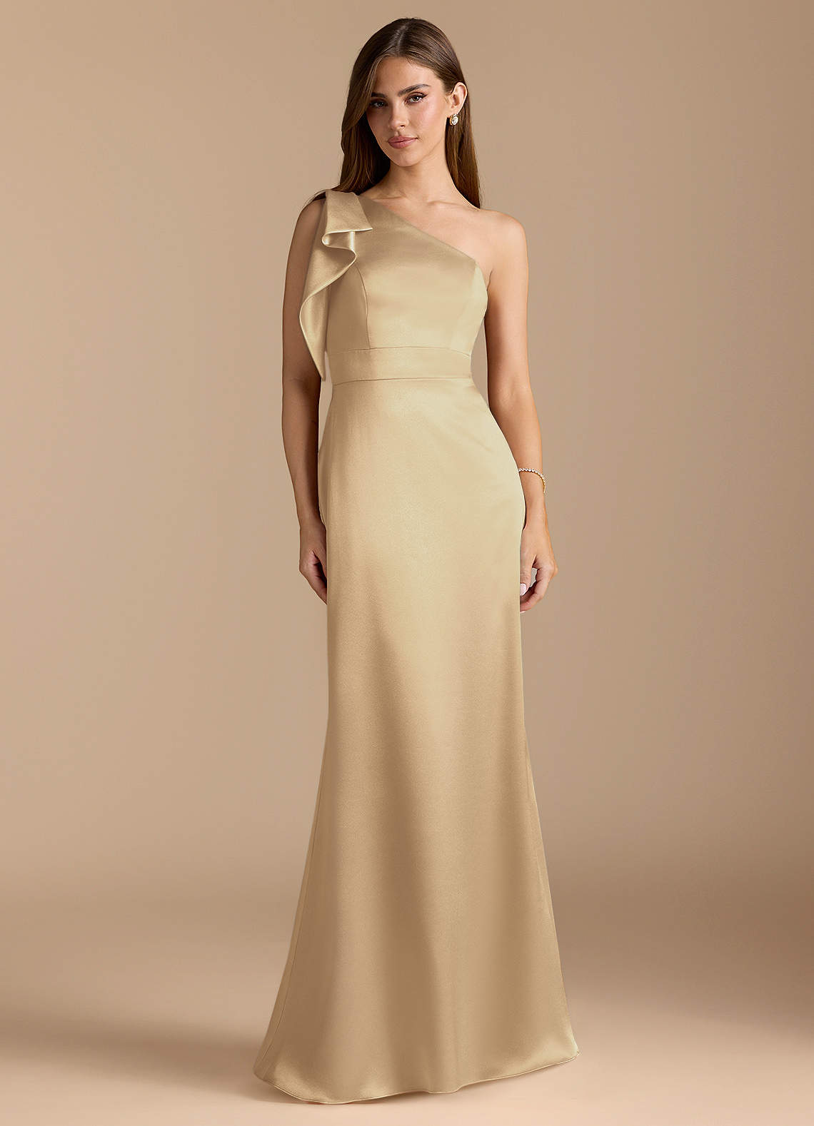 Azazie Rinna Bridesmaid Dresses Champagne Mermaid Ruched Metallic Satin Dress image1