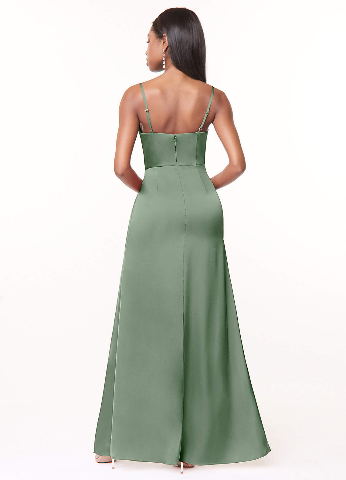 Azazie Maci Bridesmaid Dresses Matcha A-Line V-Neck Pleated Stretch Satin Dress image1
