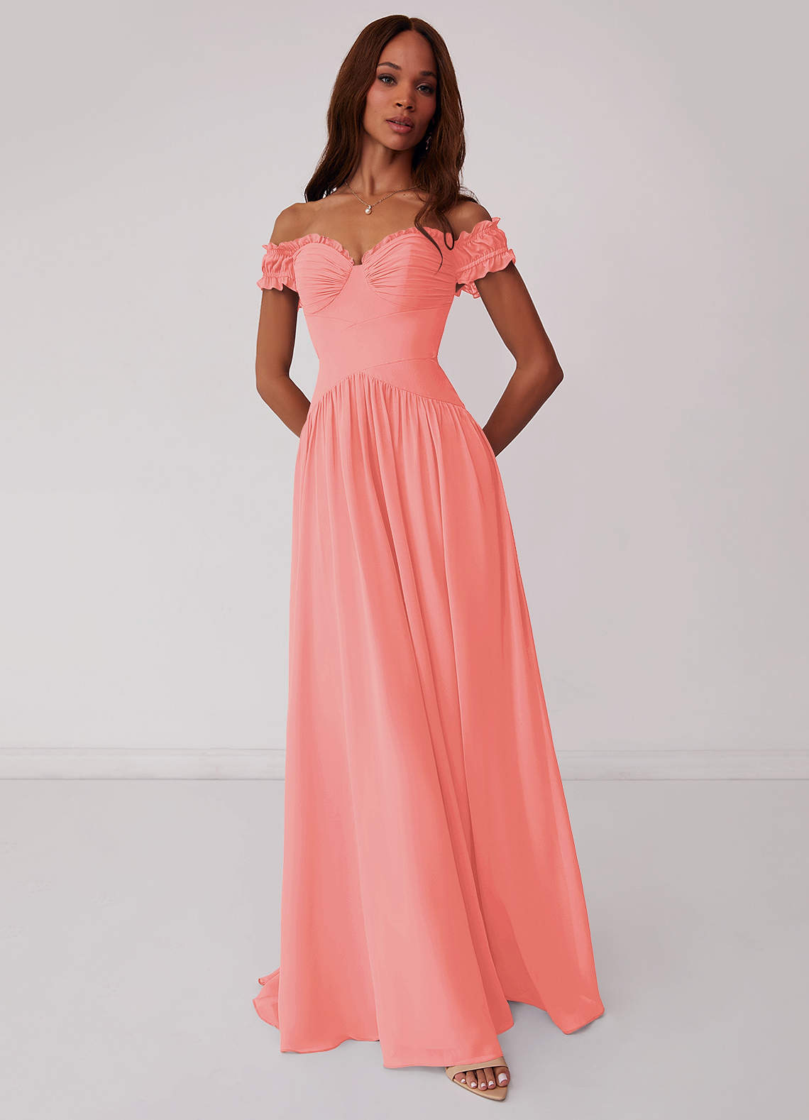 Barbie ♥ Azazie Brautjungfernkleider Wandelbar A-Linie Schulterfrei Chiffon Kleid Koralle image1