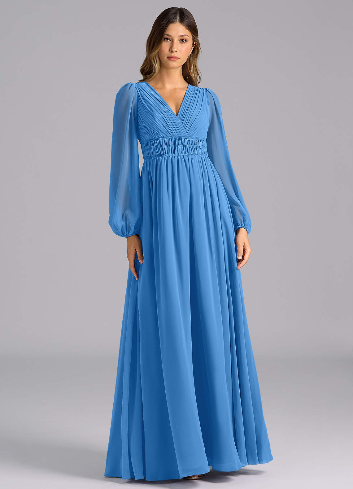 Azazie Palerma Bridesmaid Dresses Blue Jay A-Line Long Sleeve Chiffon Dress image1