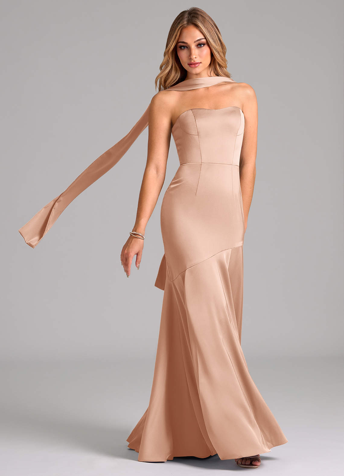 Azazie Shiloh Bridesmaid Dresses Rose Gold Mermaid Strapless Stretch Satin Convertible Dress image1