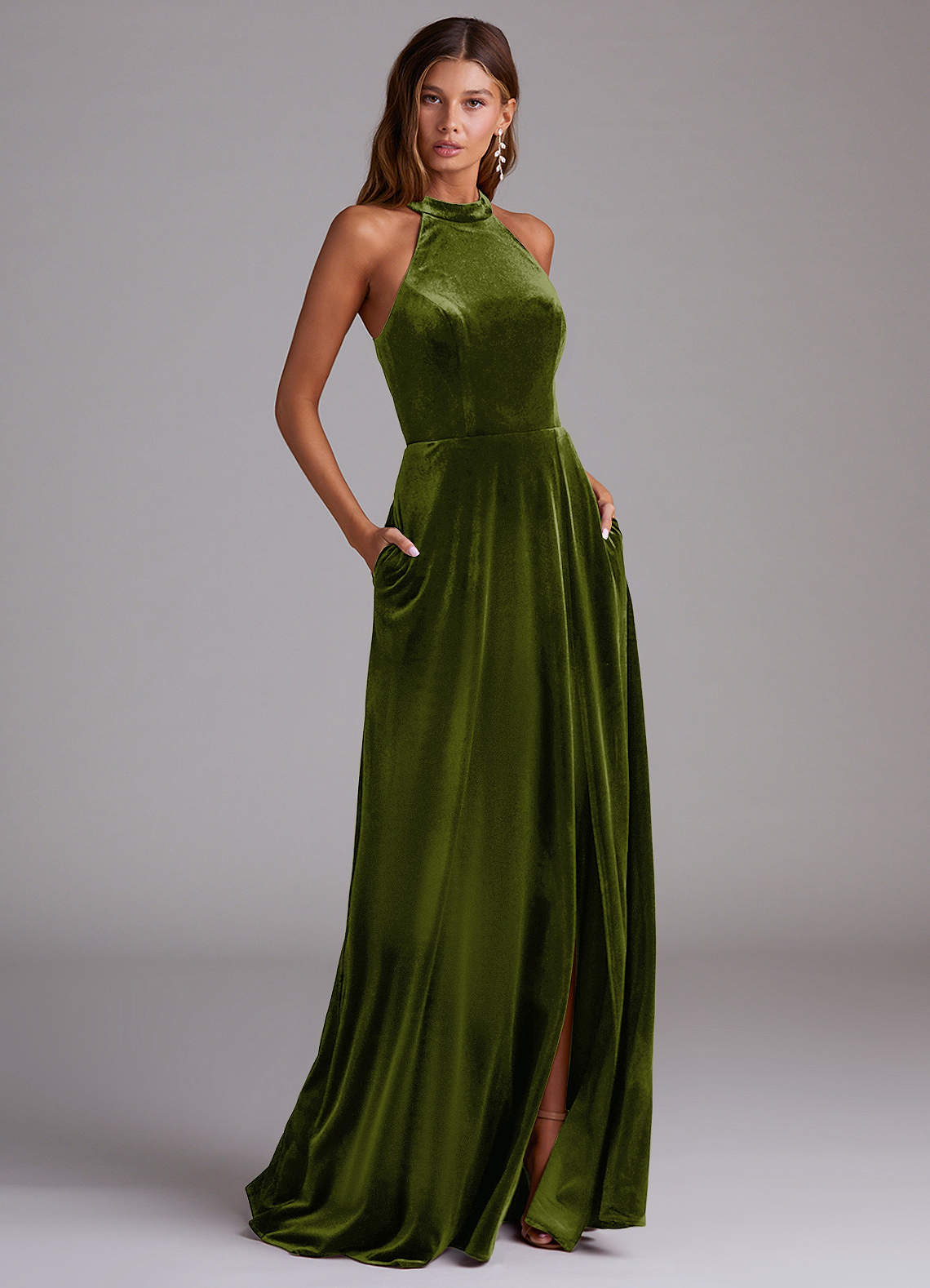 Azazie Larice Bridesmaid Dresses Olive A-Line with Pockets Velvet Dress image1