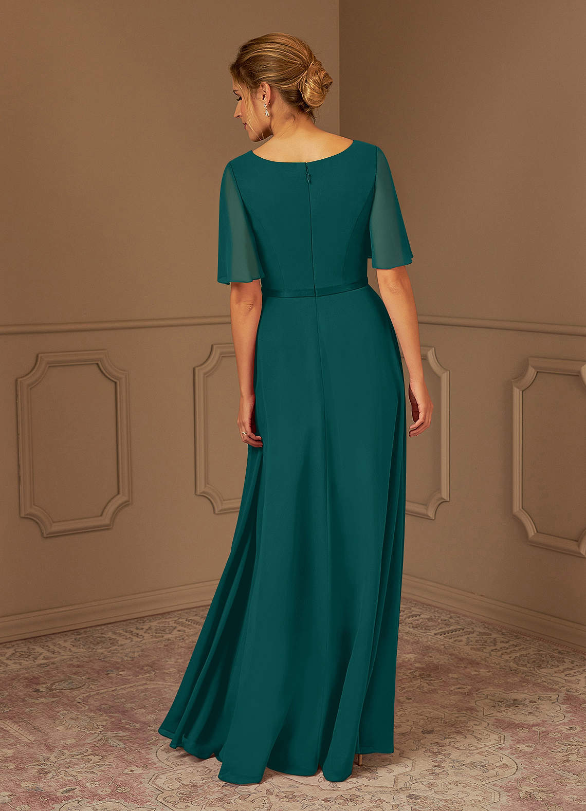 A-line V-Neck Long Sleeve Chiffon Dress Peacock Plus Size main image 1
