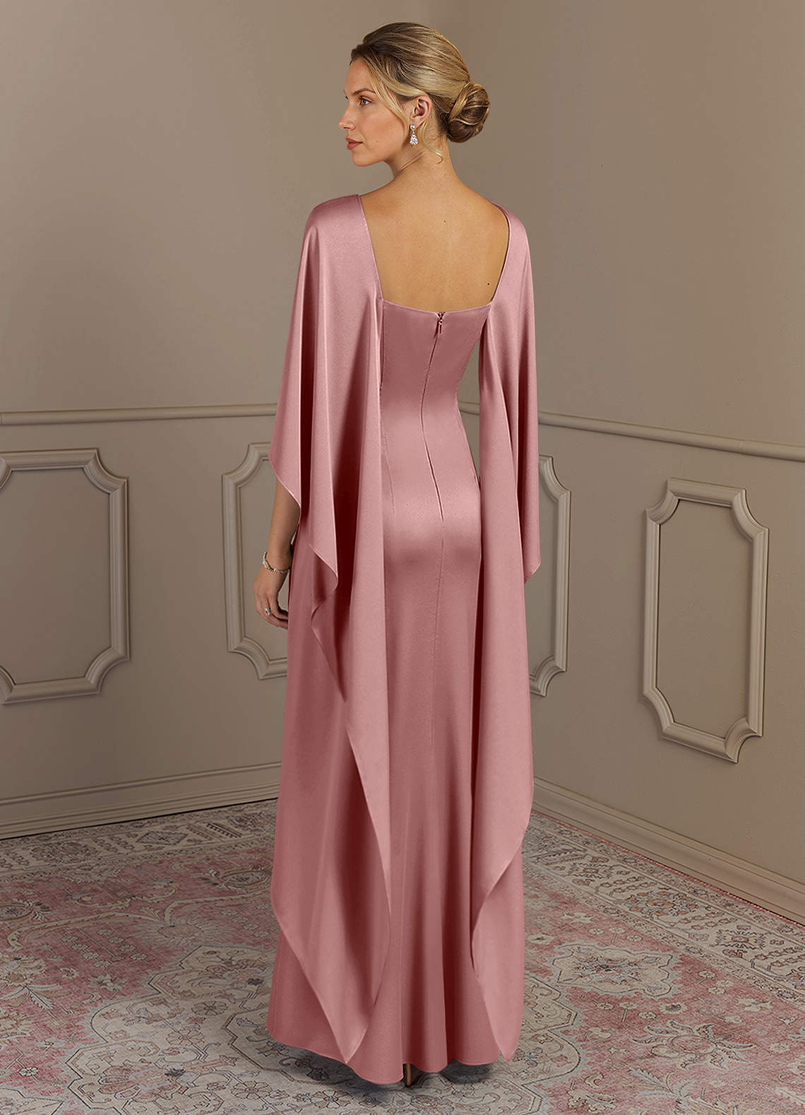 Azazie Eli Mother of the Bride Dresses Dusty Rose Sheath Boatneck Stretch Satin Dress image1