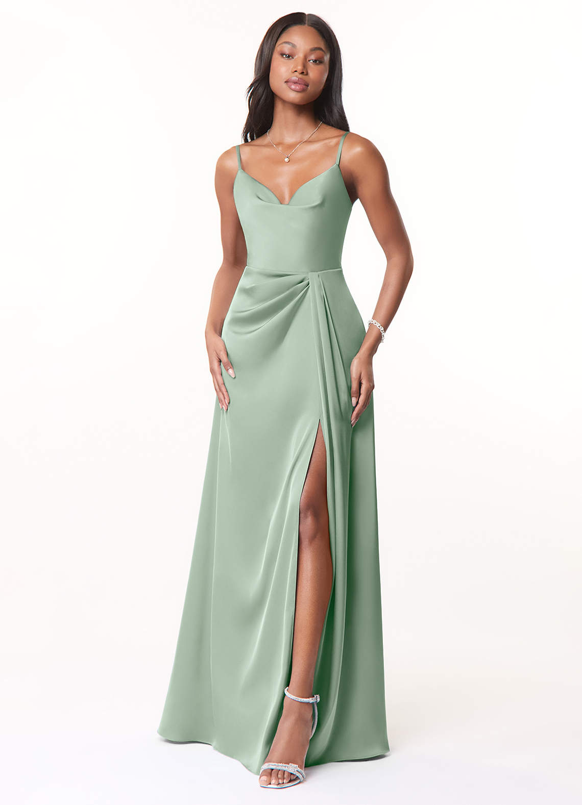 Azazie Brielle Bridesmaid Dresses Agave A-Line Cowl Spaghetti Straps Stretch Satin Dress image1