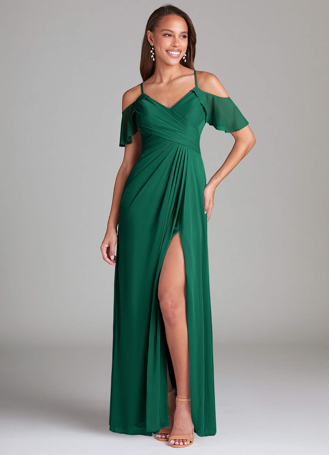 Azazie Dakota Brautjungfernkleider A-Linie Schulterfrei Gittergewebe Kleid Smaragd image1