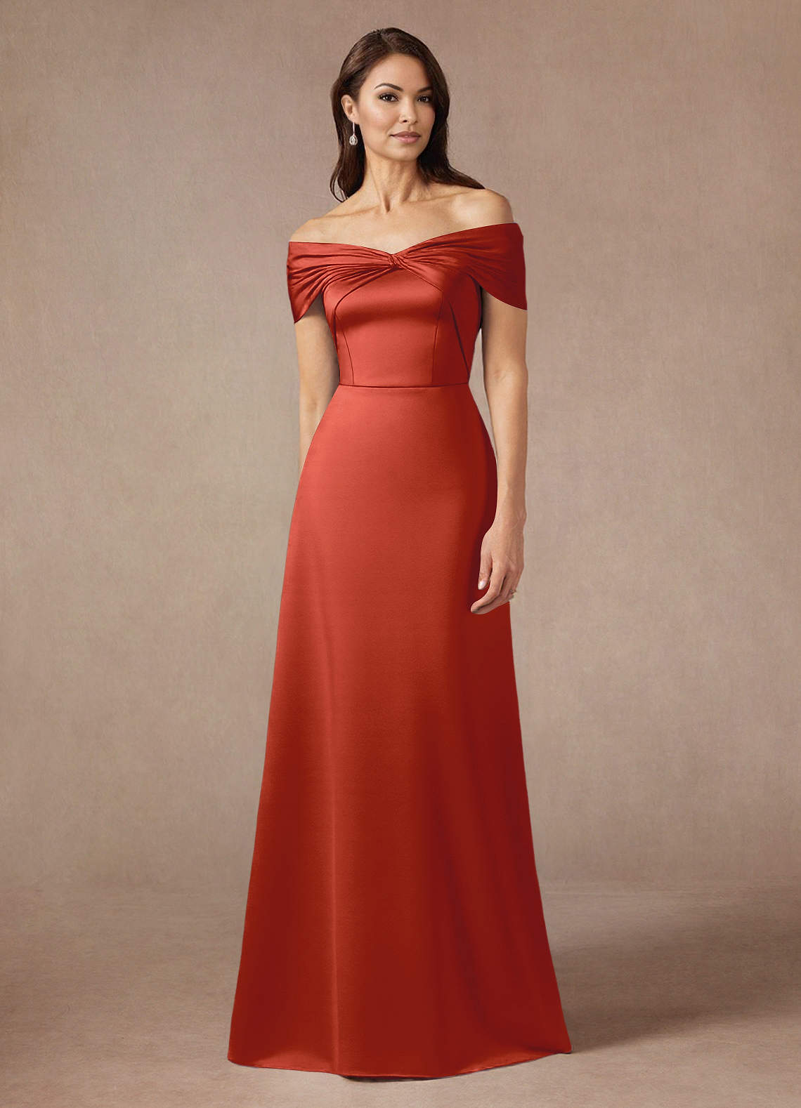 Azazie Amelia Mother of the Bride Dresses Rust A-Line Off the Shoulder Stretch Satin Dress image1
