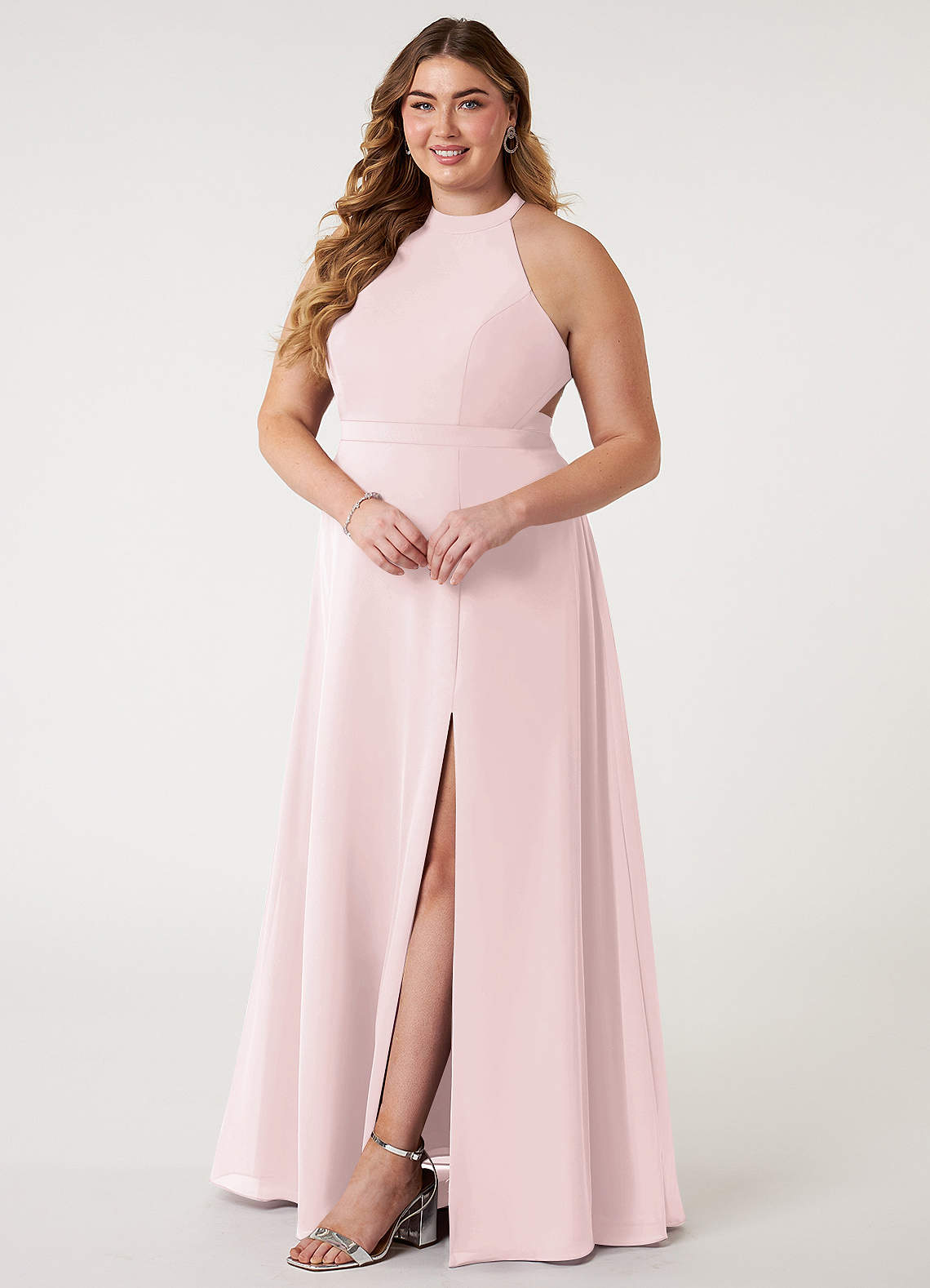Long Halter Chiffon Dresses of Bridesmaid Blushing Pink Plus Size