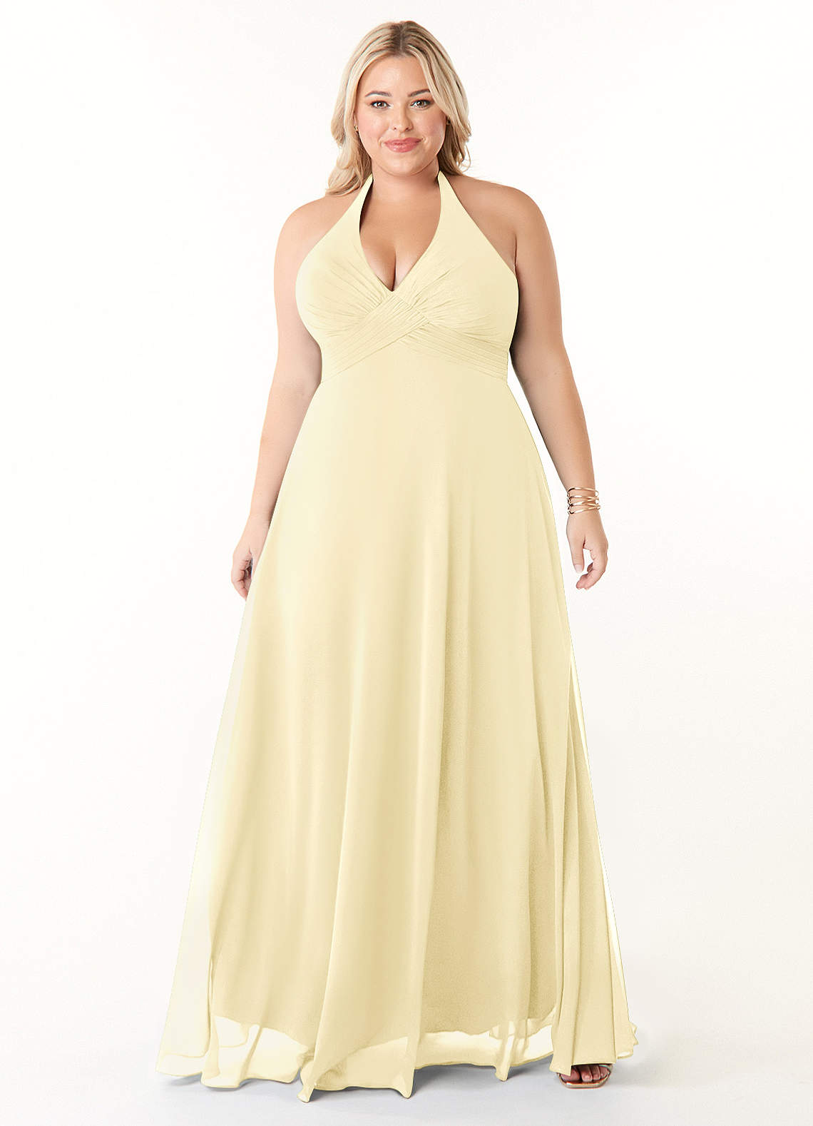 Azazie Tessie Bridesmaid Dresses Lemon Sorbet A-Line V-Neck Pleated Chiffon Dress image5