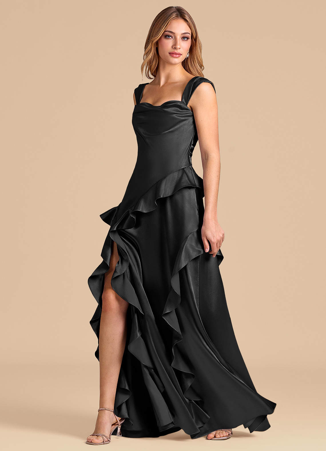 Azazie Sloane Bridesmaid Dresses Black A-Line Sweetheart Neckline Metallic Satin Dress image3