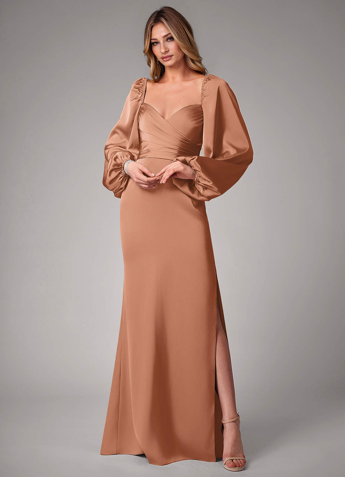 Azazie Sonata Bridesmaid Dresses Bronzer Sheath Long Sleeve Stretch Satin Convertible Dress image1