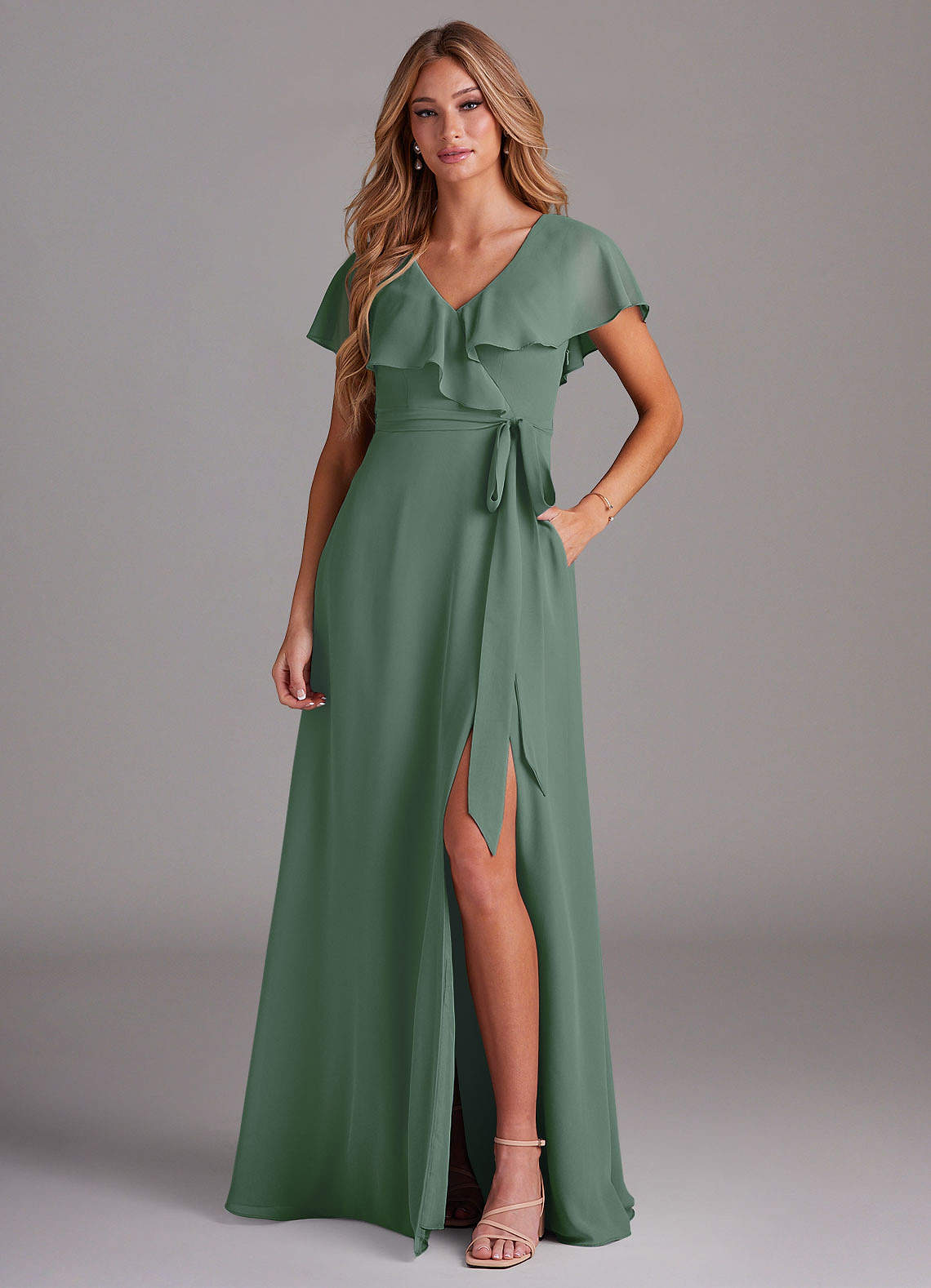 Azazie Lainey Bridesmaid Dresses Eucalyptus A-Line with Pockets Chiffon Dress image1