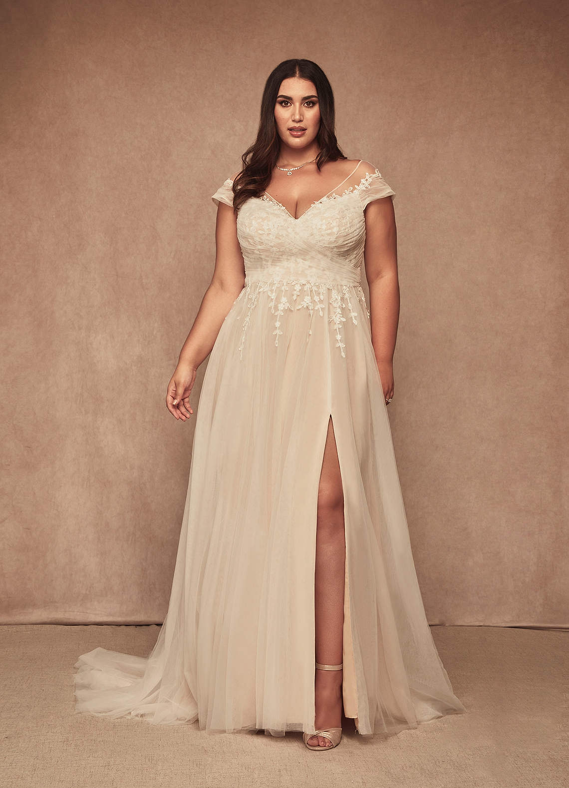 Azazie Bellisima Wedding Dresses Diamond White Nude A-Line V-Neck Tulle Dress image1