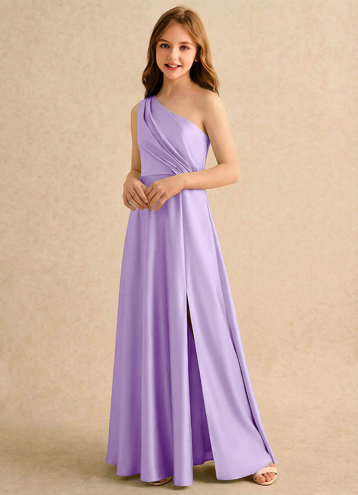 Azazie Puddles Girls Formal Robe Demoiselle D'honneur Fillette Robe Trapèze en Satin extensible Une épaule Lilas image3