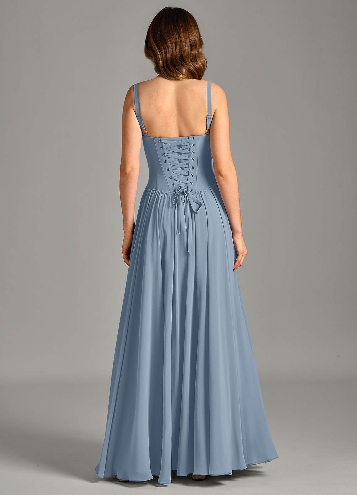 Azazie Evadina Kleider zum Anprobieren zu Hause A-Linie Korsett Chiffon Kleid Staubblau image1