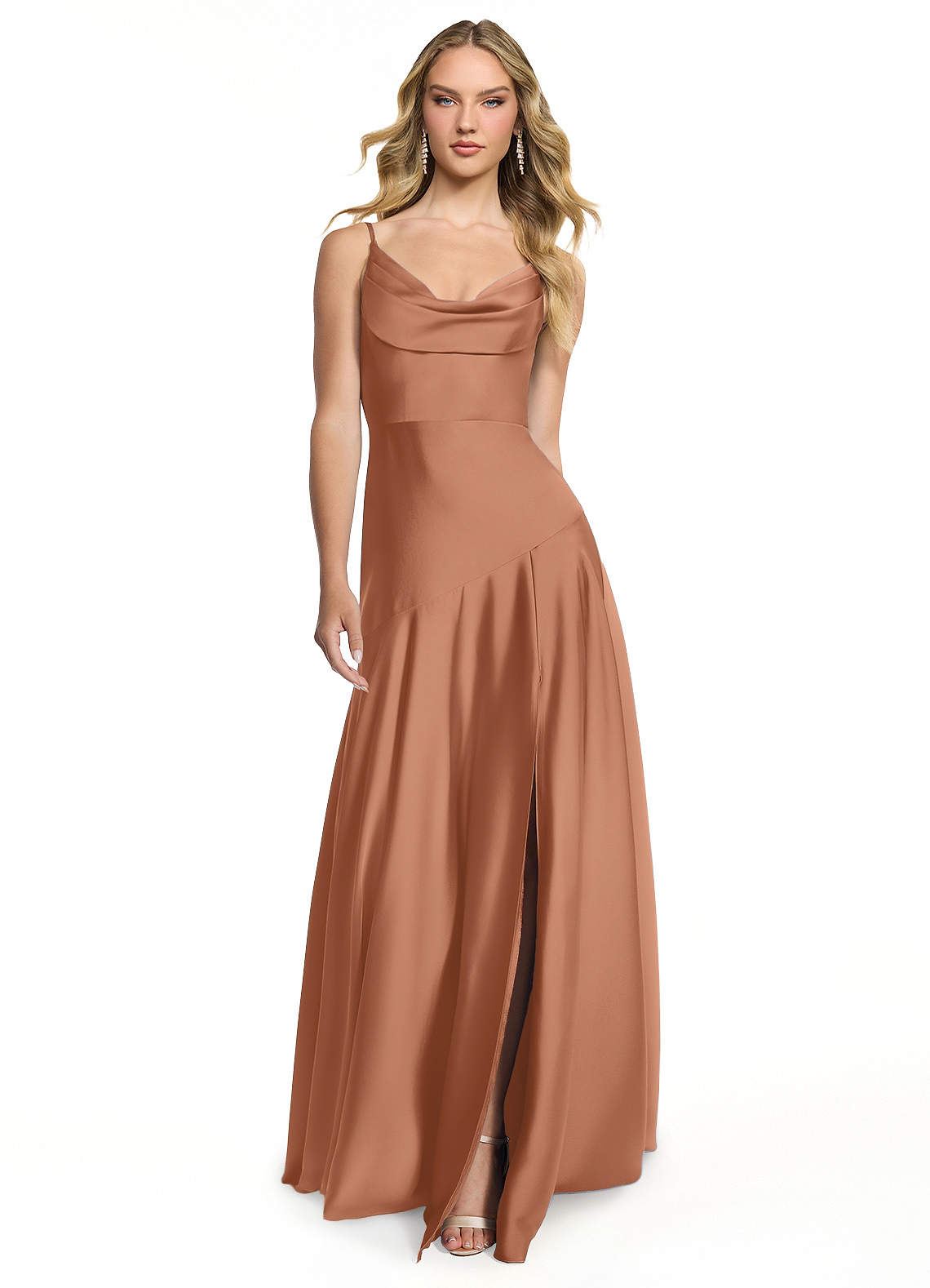 Azazie Kayla Robes de demoiselle d'honneur Robe Fourreau en Satin extensible Fente Latérale Bronze image1