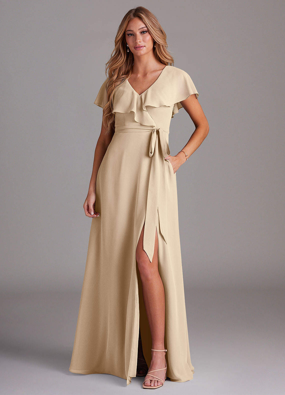 Azazie Lainey Bridesmaid Dresses Champagne A-Line with Pockets Chiffon Dress image1