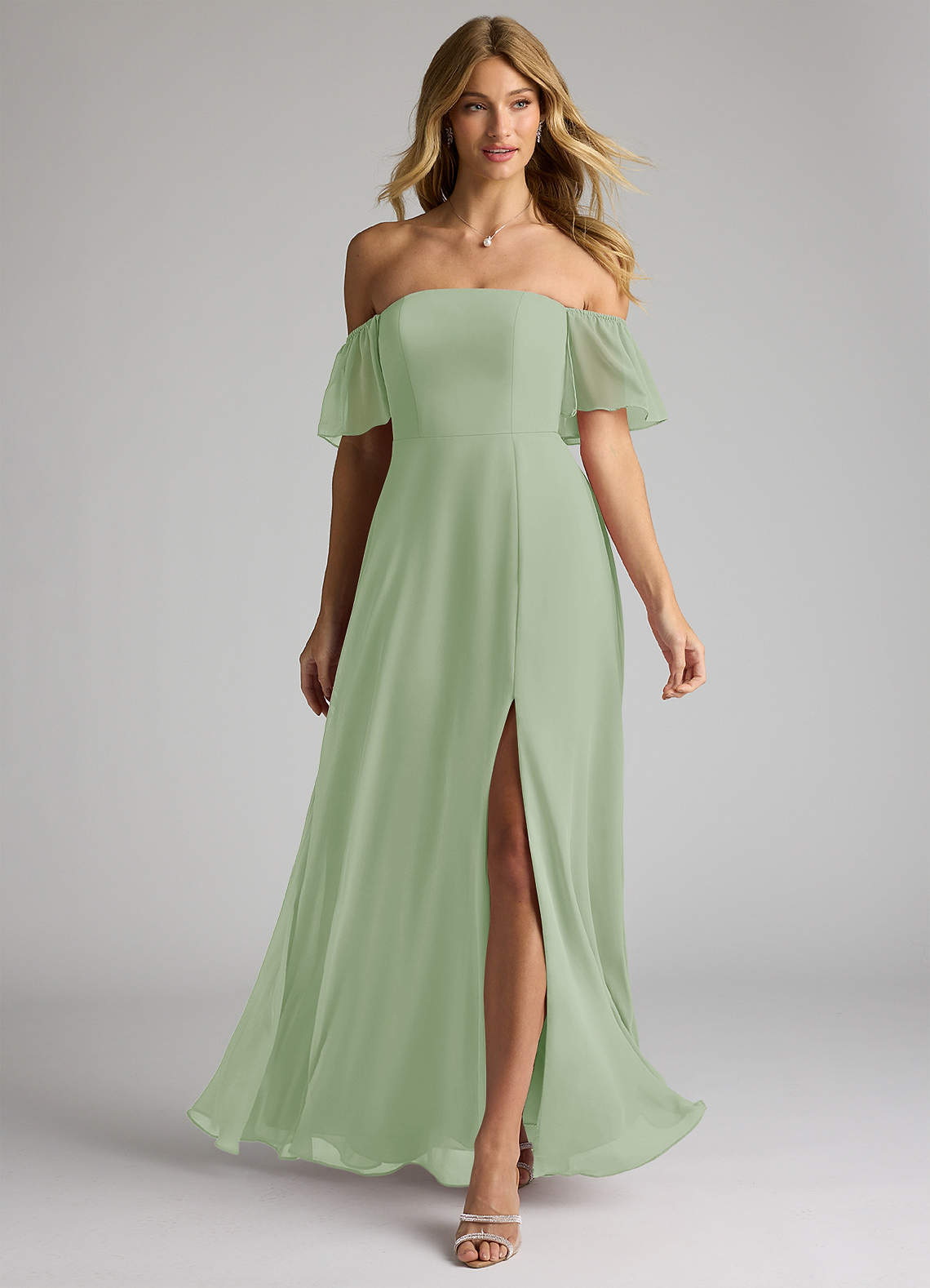 Azazie Sue Bridesmaid Dresses Dusty Sage A-Line Off the Shoulder Chiffon Convertible Dress image1