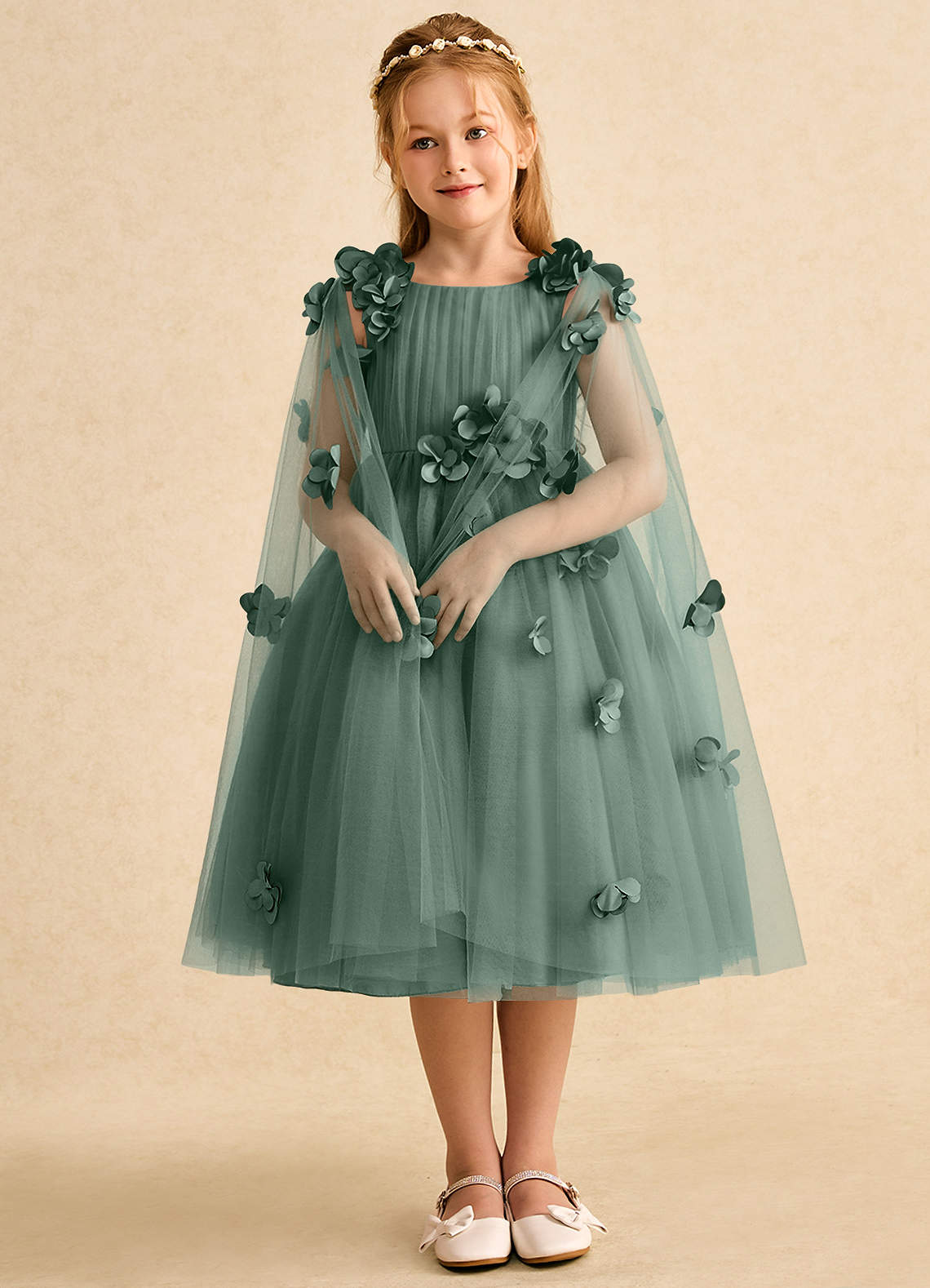 Azazie Staria Blumenmädchenkleider Ballkleid Gestreift Tüll Kleid Eukalyptus image2