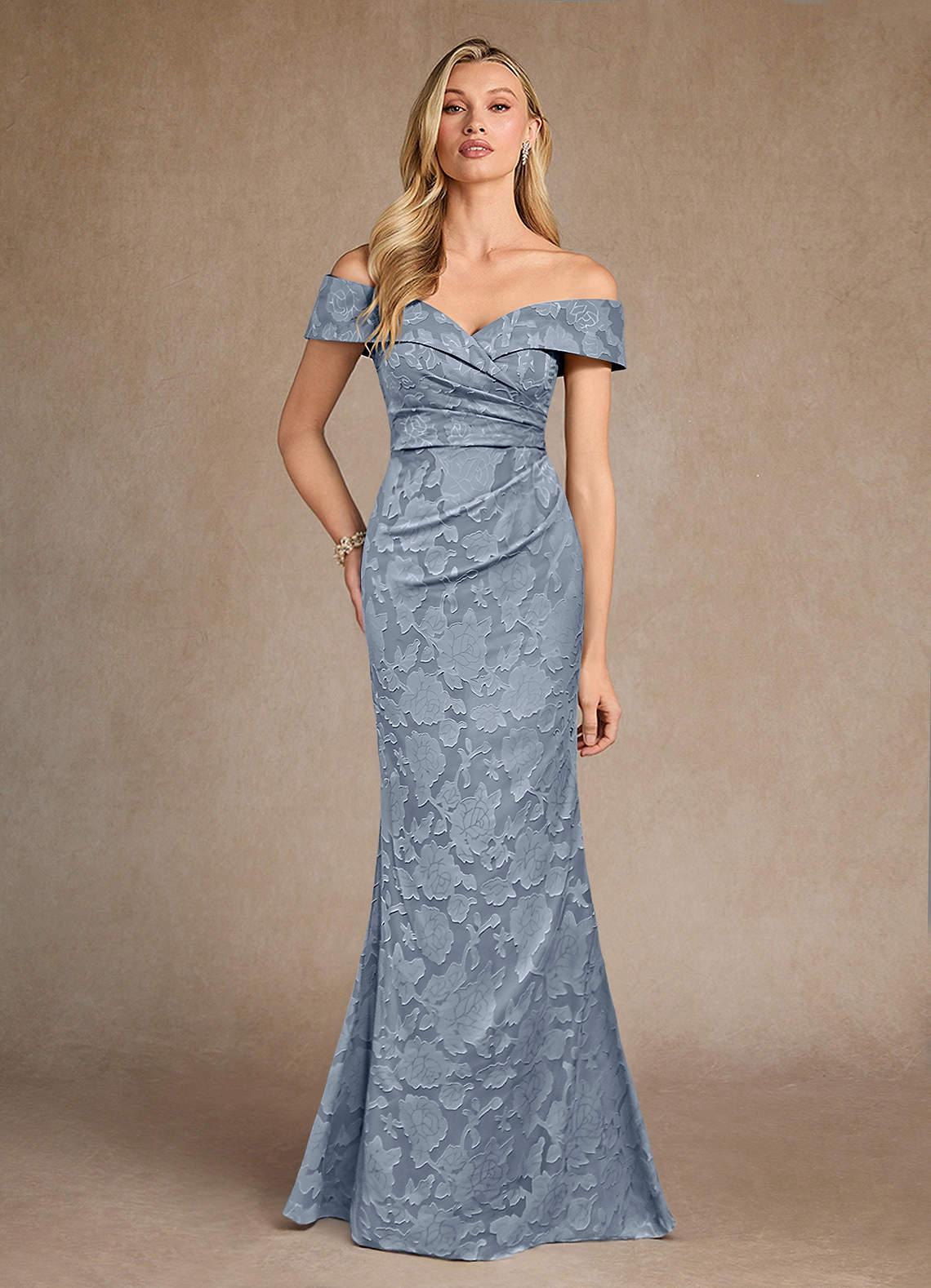 Azazie Canton Mother of the Bride Dresses Dusty Blue Mermaid Off the Shoulder Floral Burnout Dress image1