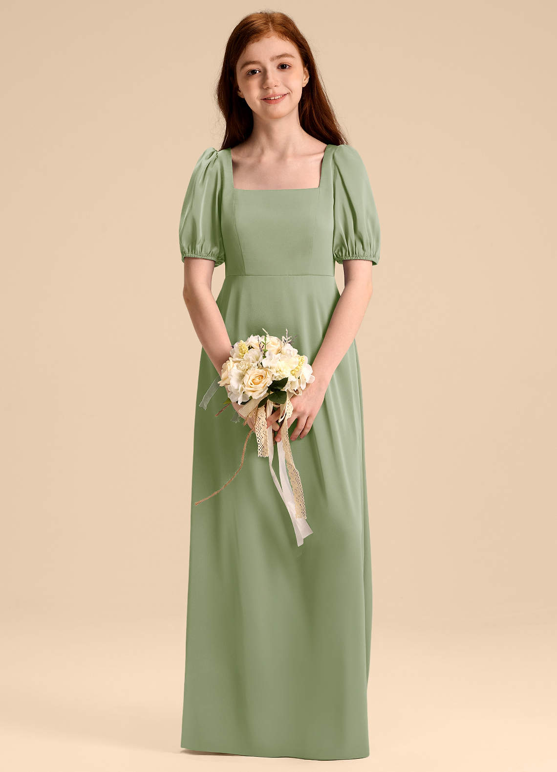 Azazie Briar Junior Jurk van Stretch Satijn met A-Lijn Boog Stoffige Salie image1