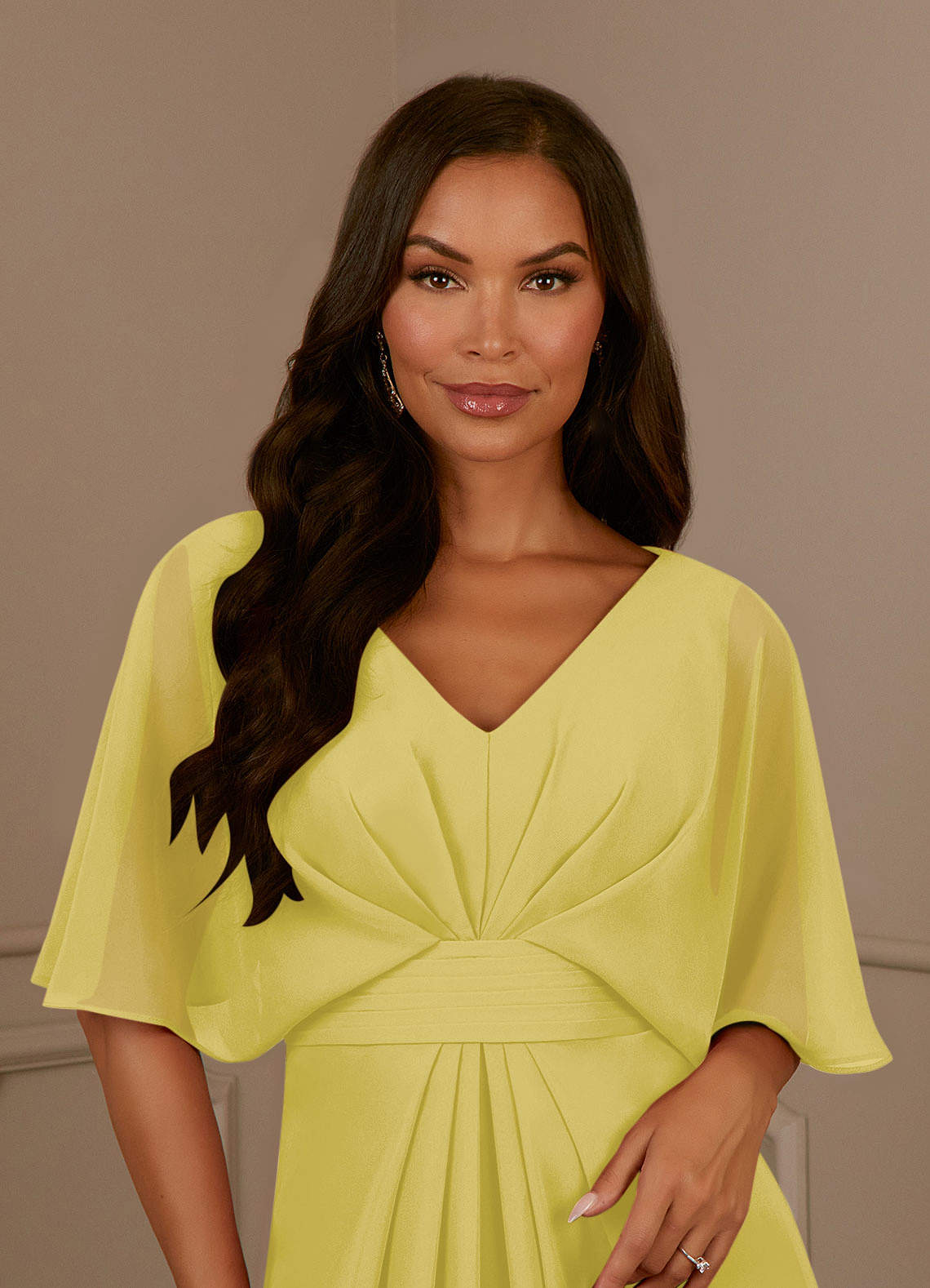Azazie Oksana Mother of the Bride Dresses Canary A-Line V-Neck Pleated Chiffon Dress image7