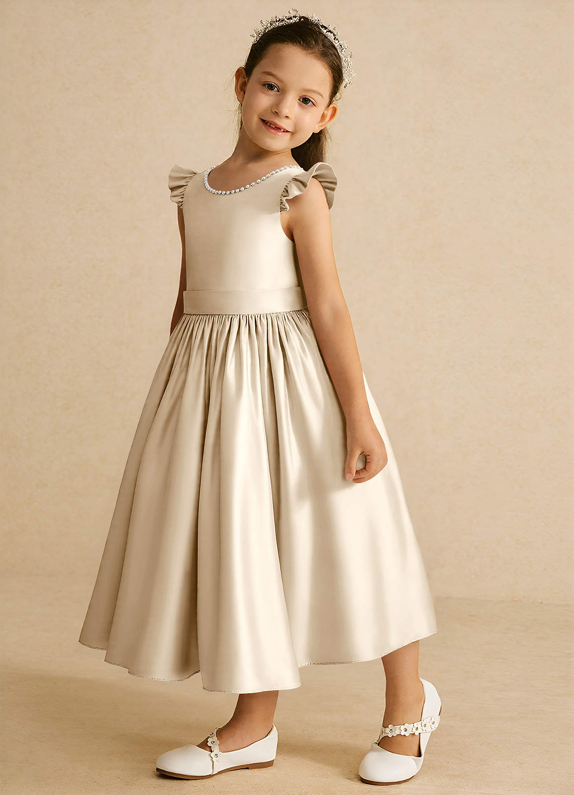 Azazie Dumpling Flower Girl Dresses Champagne A-Line Bow Matte Satin Dress image3