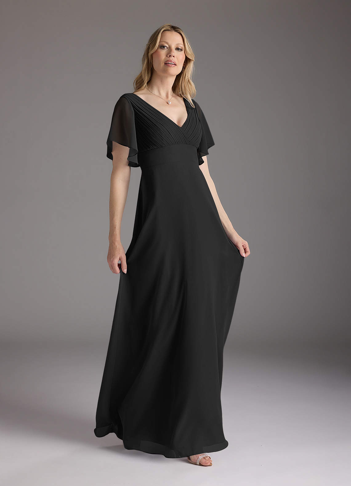 Azazie Alessa Black A-Line V-Neck Pleated Chiffon Dress Ready to Ship |  Azazie