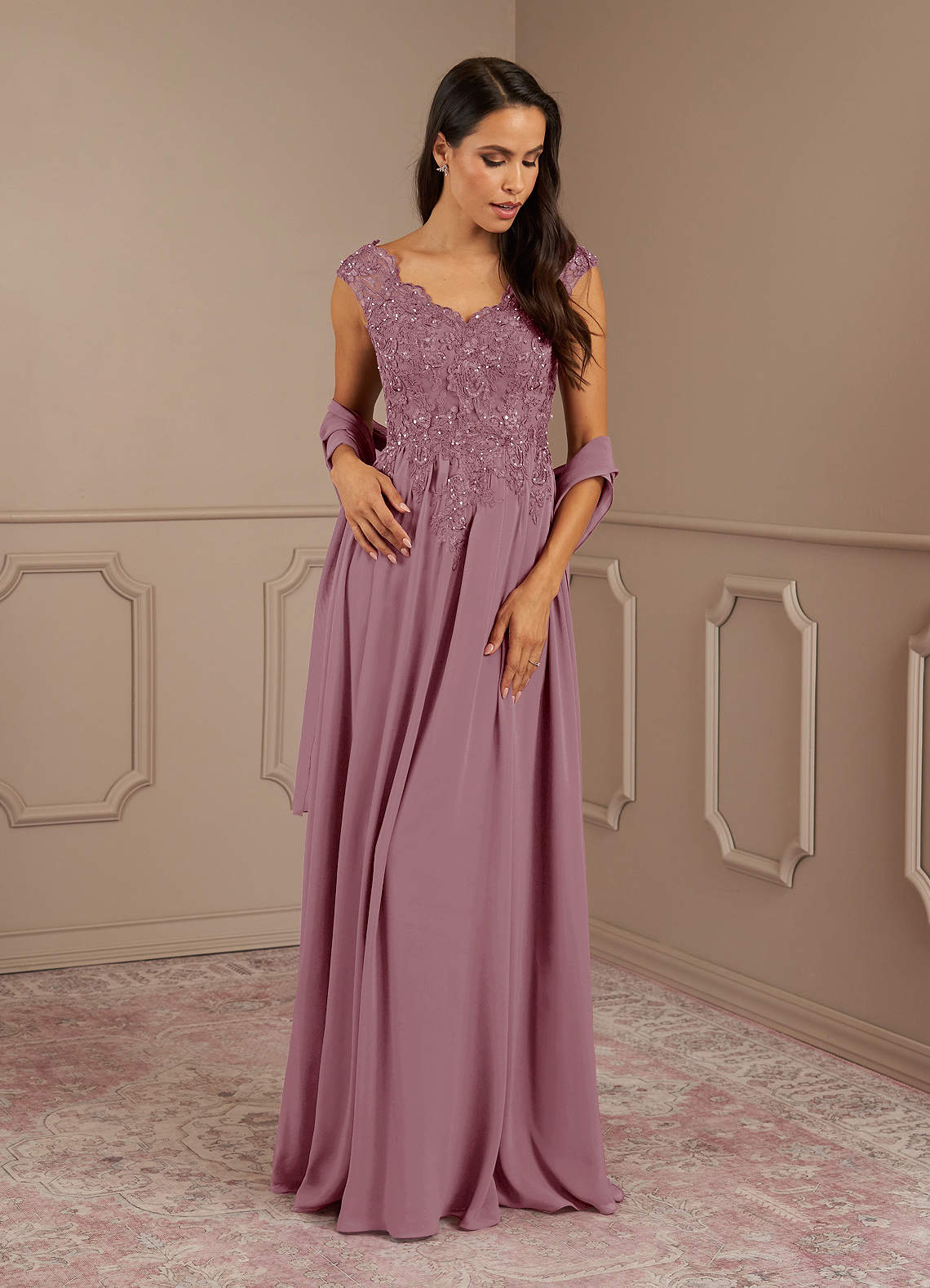 Azazie Amethyst Mother of the Bride Dresses Vintage Mauve A-Line V-Neck Sequins Chiffon Dress image1