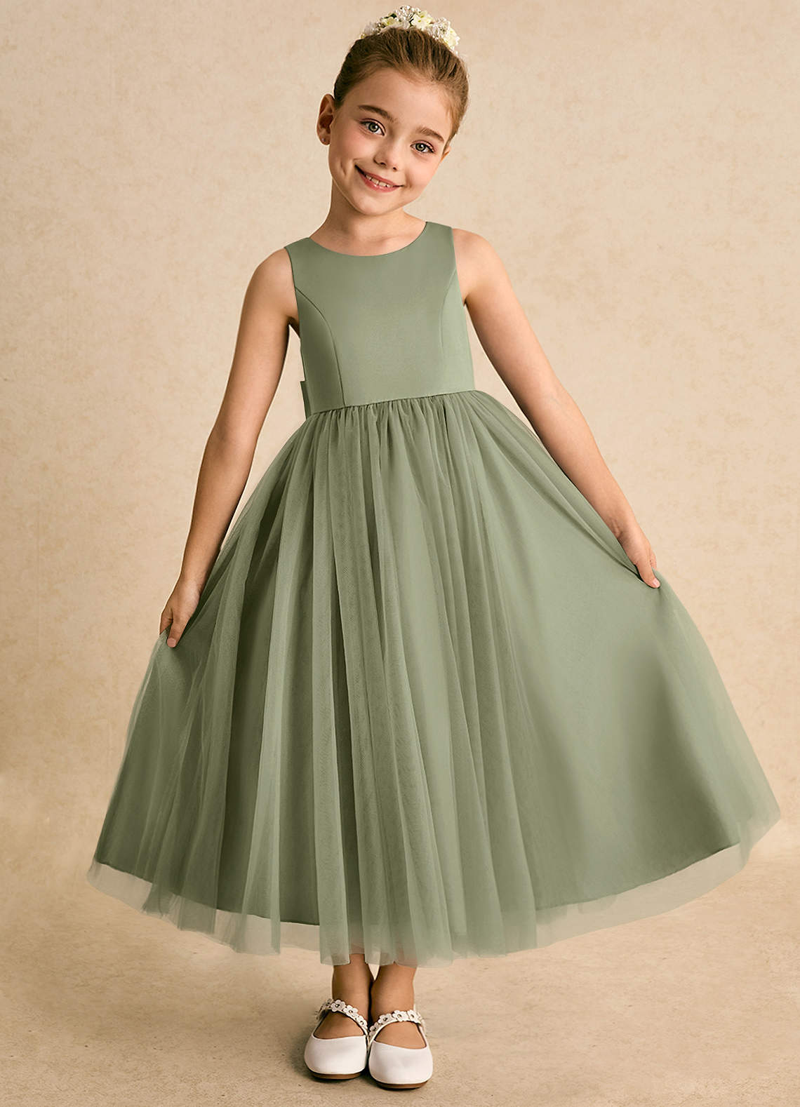 Azazie Solia Robe Demoiselle D'honneur Fillette Robe Princesse en Tulle Arc Pistache image4