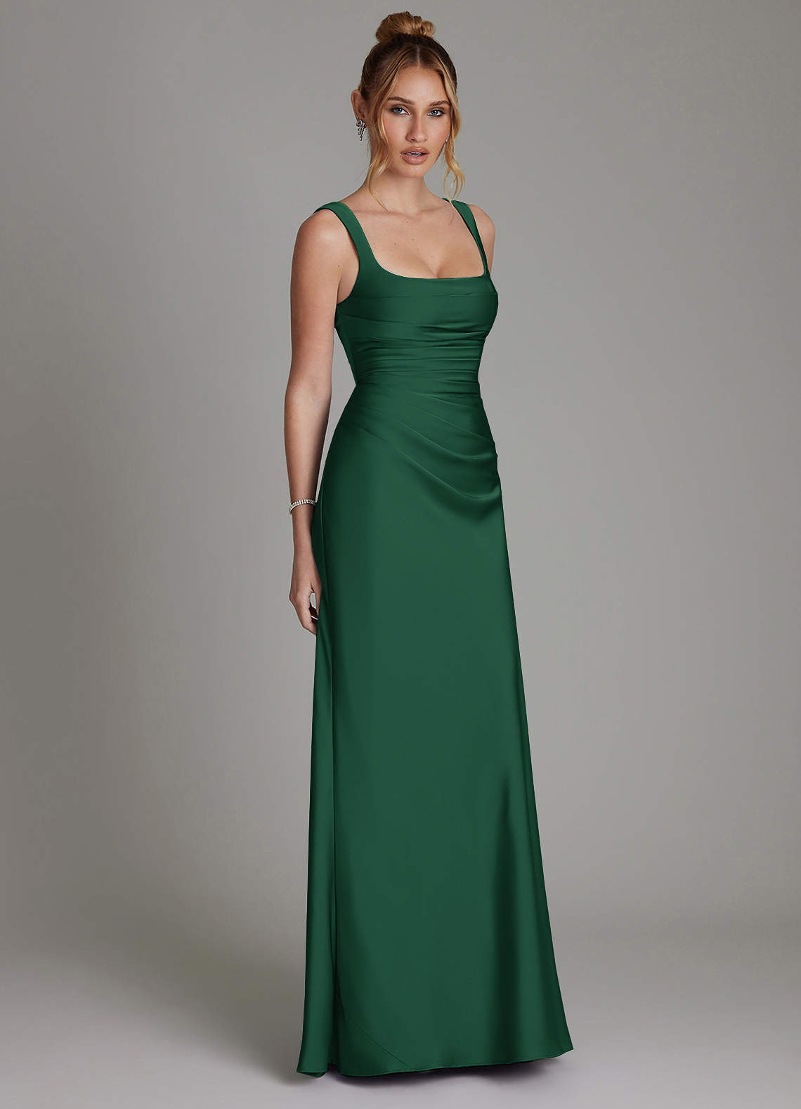 green gray bridesmaid dresses Azazie Agustina Dark Stretch Satin tee dee length hem and V Cute Cartoon Print Puff Shiny satin Color:Skyway