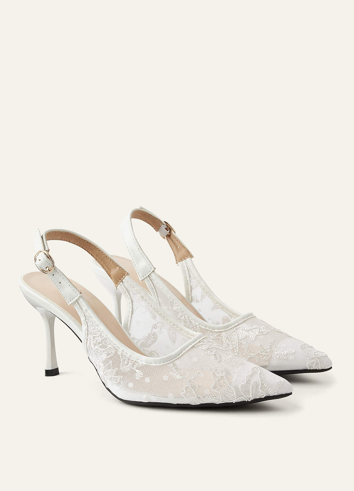 front Embroidered Tulle Pointed Toe Slingback Heels