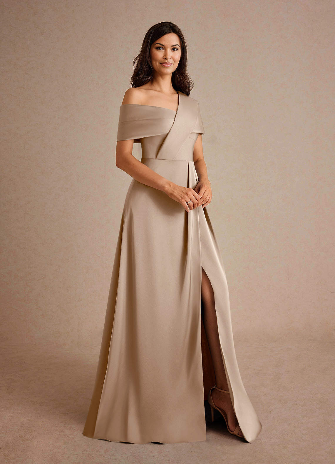 Azazie Milton Mother of the Bride Dresses Taupe A-Line Pleated Stretch Satin Dress image5