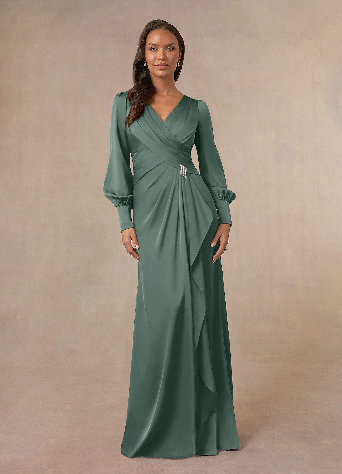 Azazie Petrina Mother of the Bride Dresses Sea Moss Mermaid Pleated Stretch Satin Dress image1