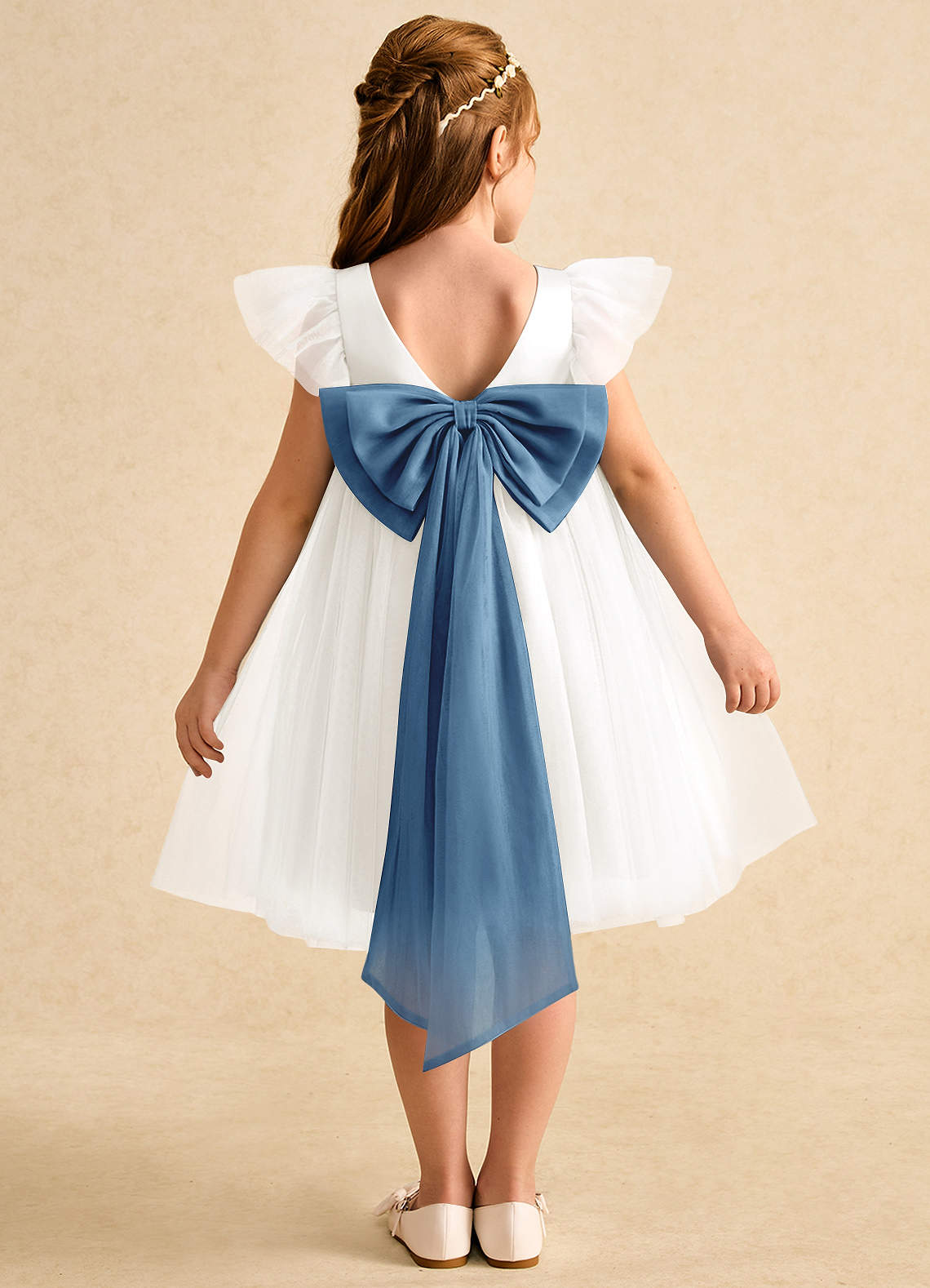 Azazie Munchkin Flower Girl Dresses Ivory Steel Blue A-Line Bow Tulle Dress image1