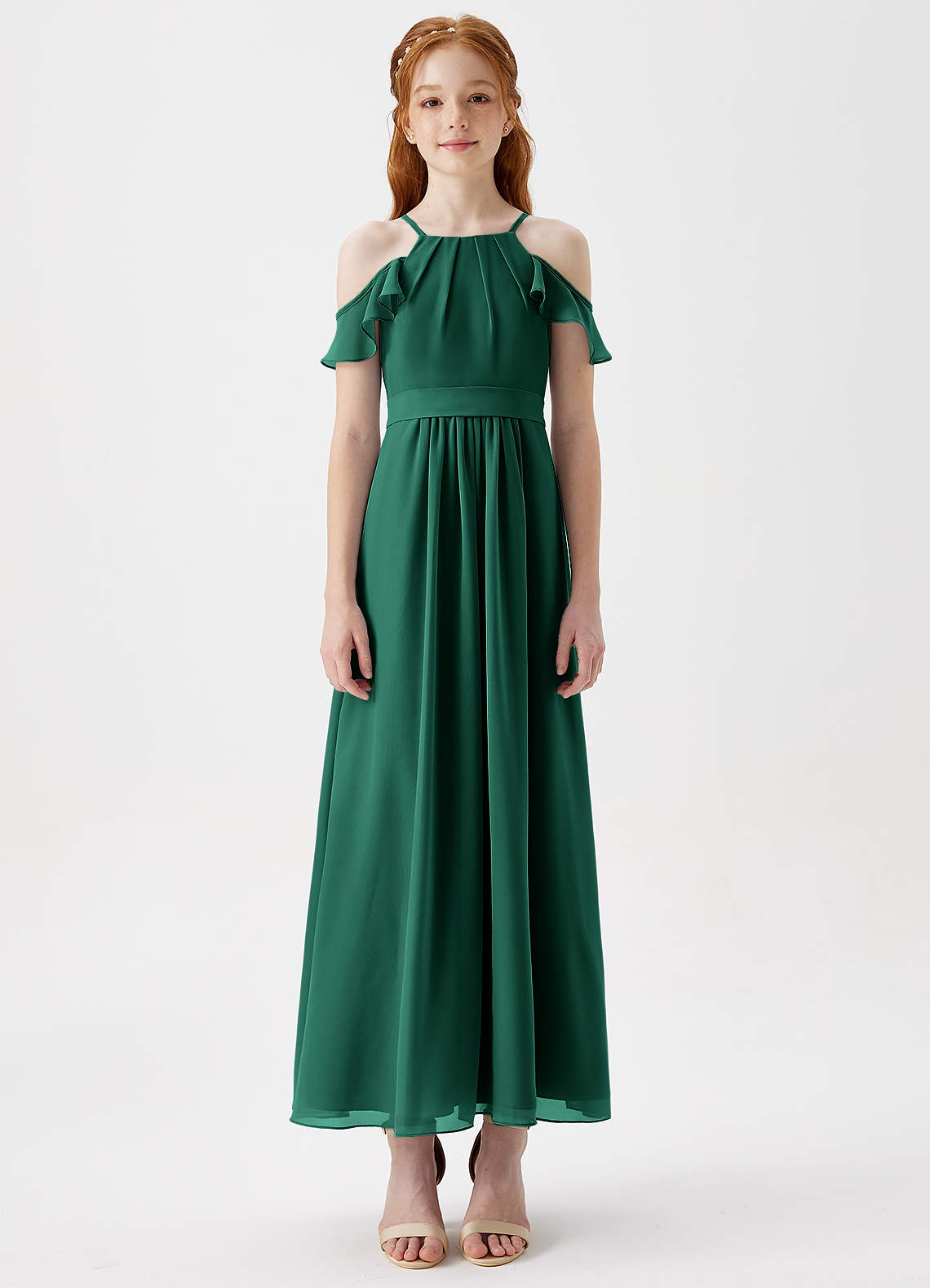 Azazie Chaya Junior Emerald A-Line Off the Shoulder Chiffon Dress image2