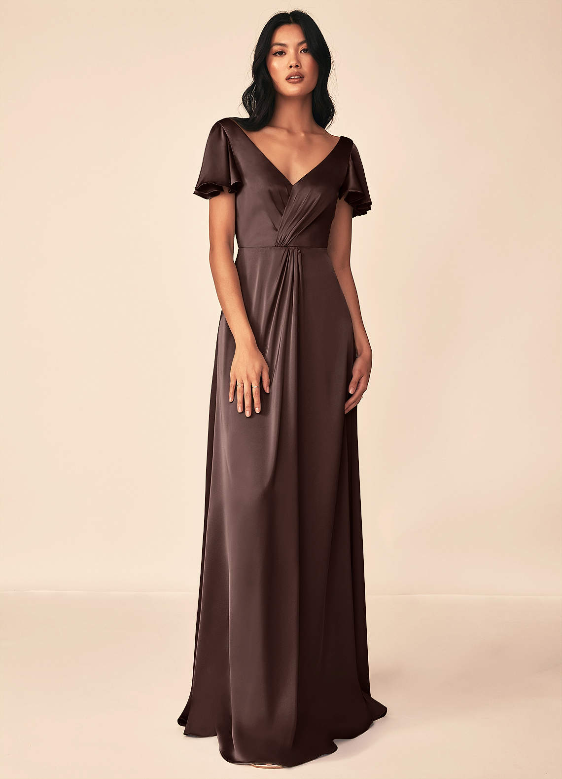 Azazie Soren Bridesmaid Dresses Ganache A-Line Pleated Stretch Satin Dress image1