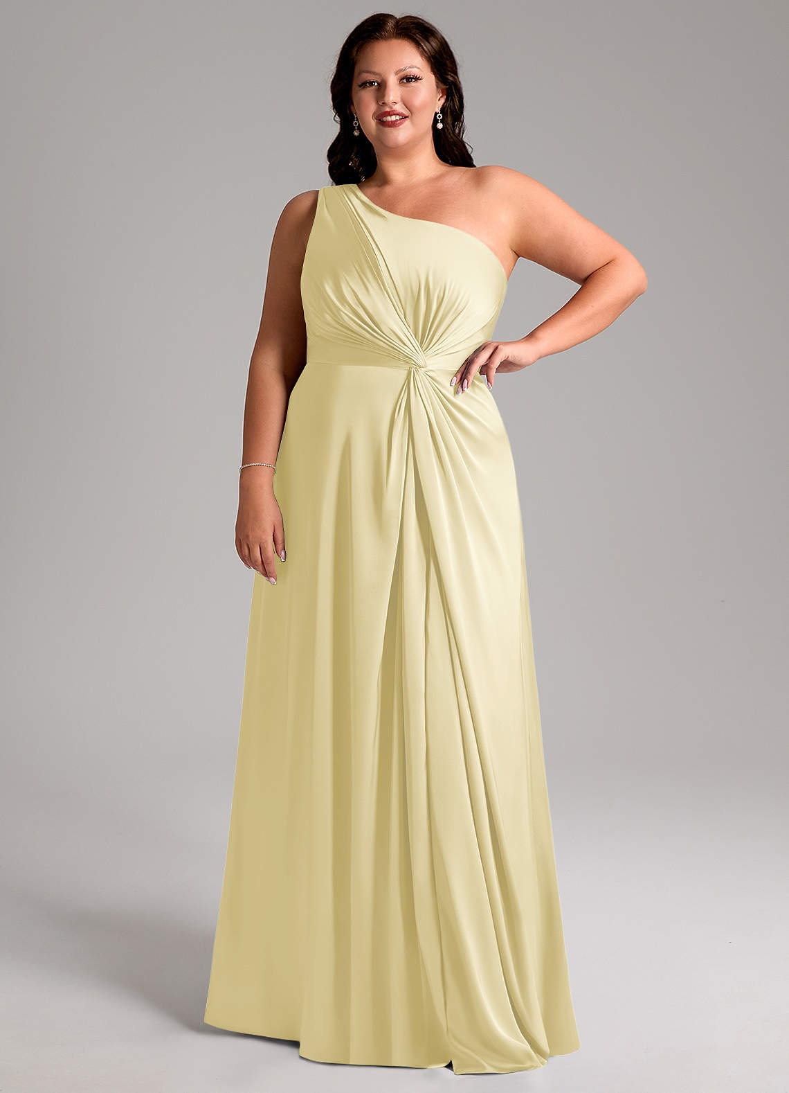 Azazie Brooke Robes de demoiselle d'honneur Robe Trapèze en Satin extensible Une épaule Sorbet Citron image12