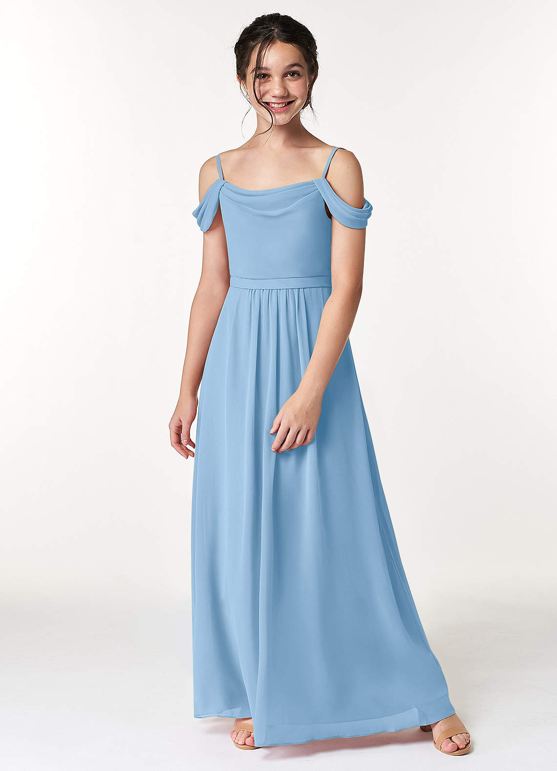 Azazie Alivia Junior Powder Blue A-Line Off the Shoulder Chiffon Dress image4