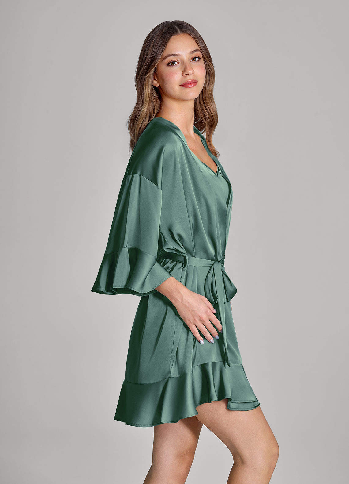 front Matching Color 2-Piece Ruffle Satin Robe and Slip Set