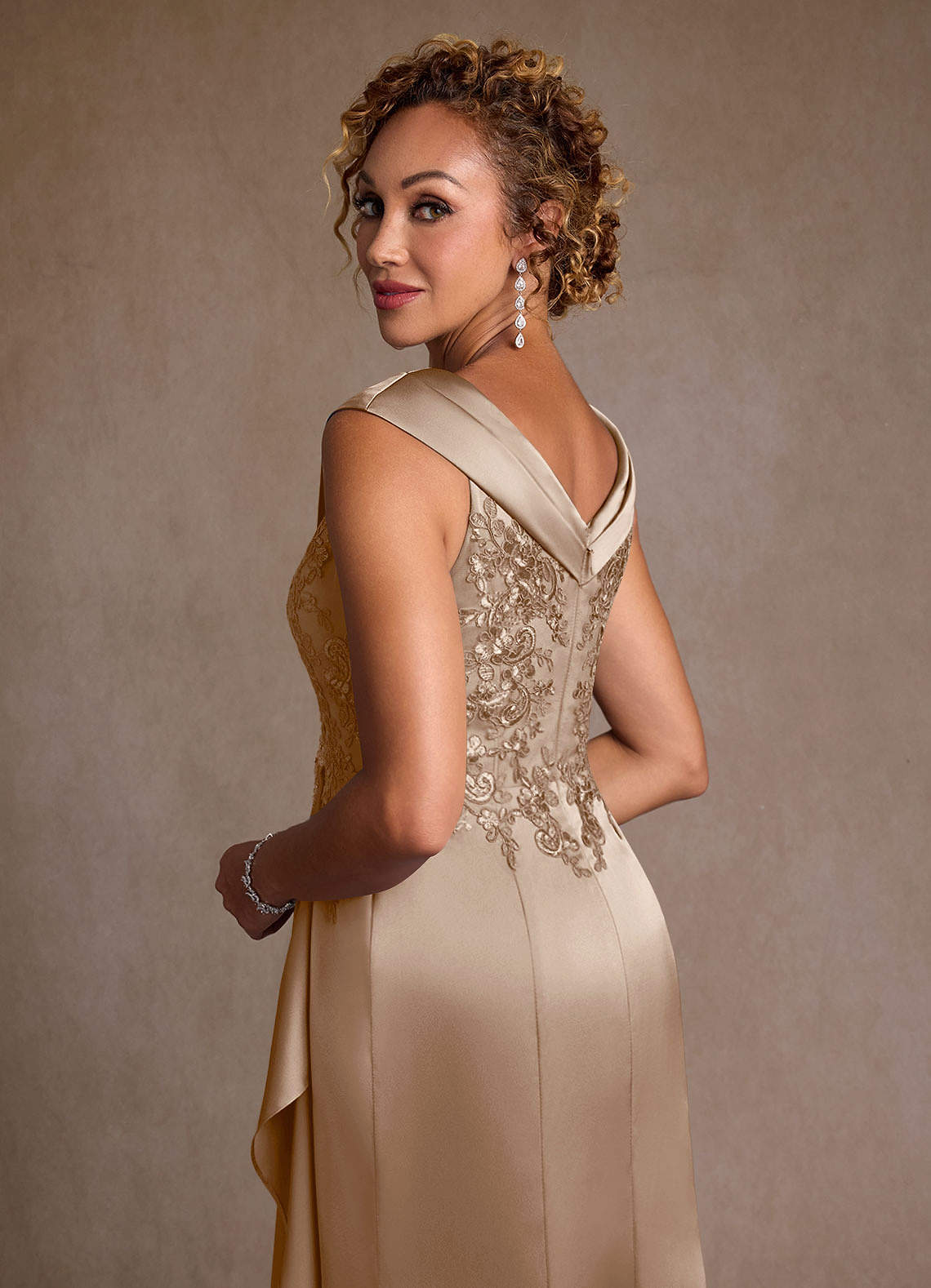 Azazie Santa Monica Mother of the Bride Dresses Taupe A-Line Lace Dress image5