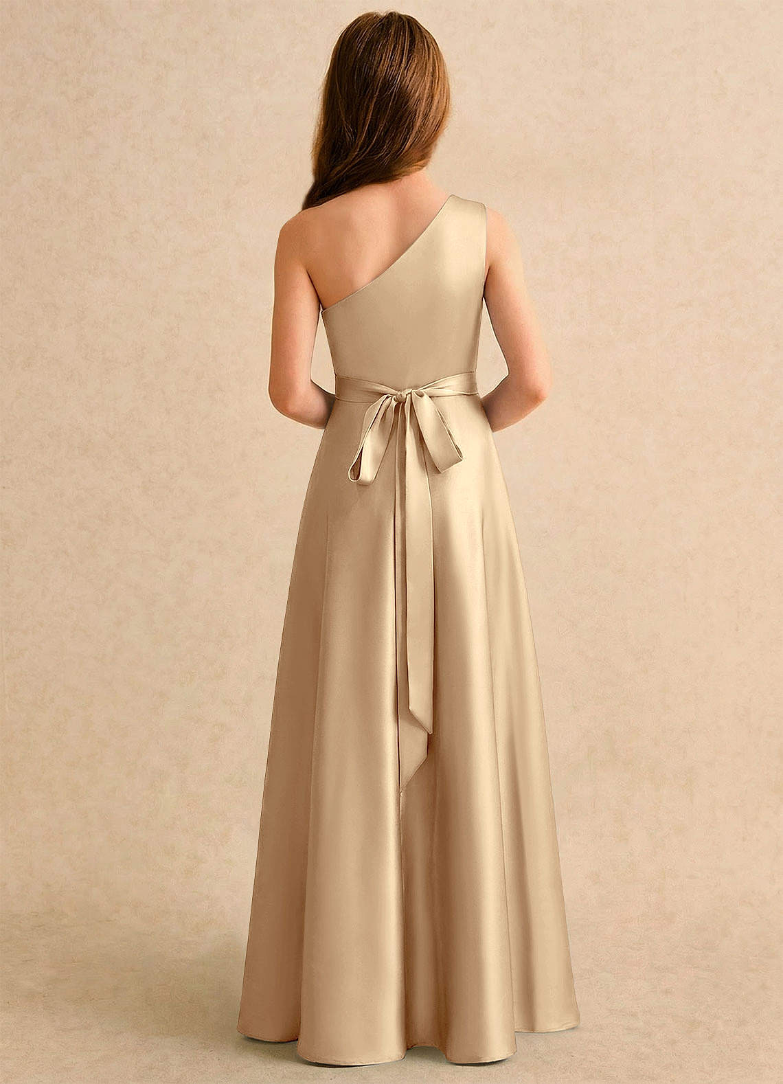 Azazie Puddles Girls Formal Robe Demoiselle D'honneur Fillette Robe Trapèze en Satin extensible Une épaule Champagne image1